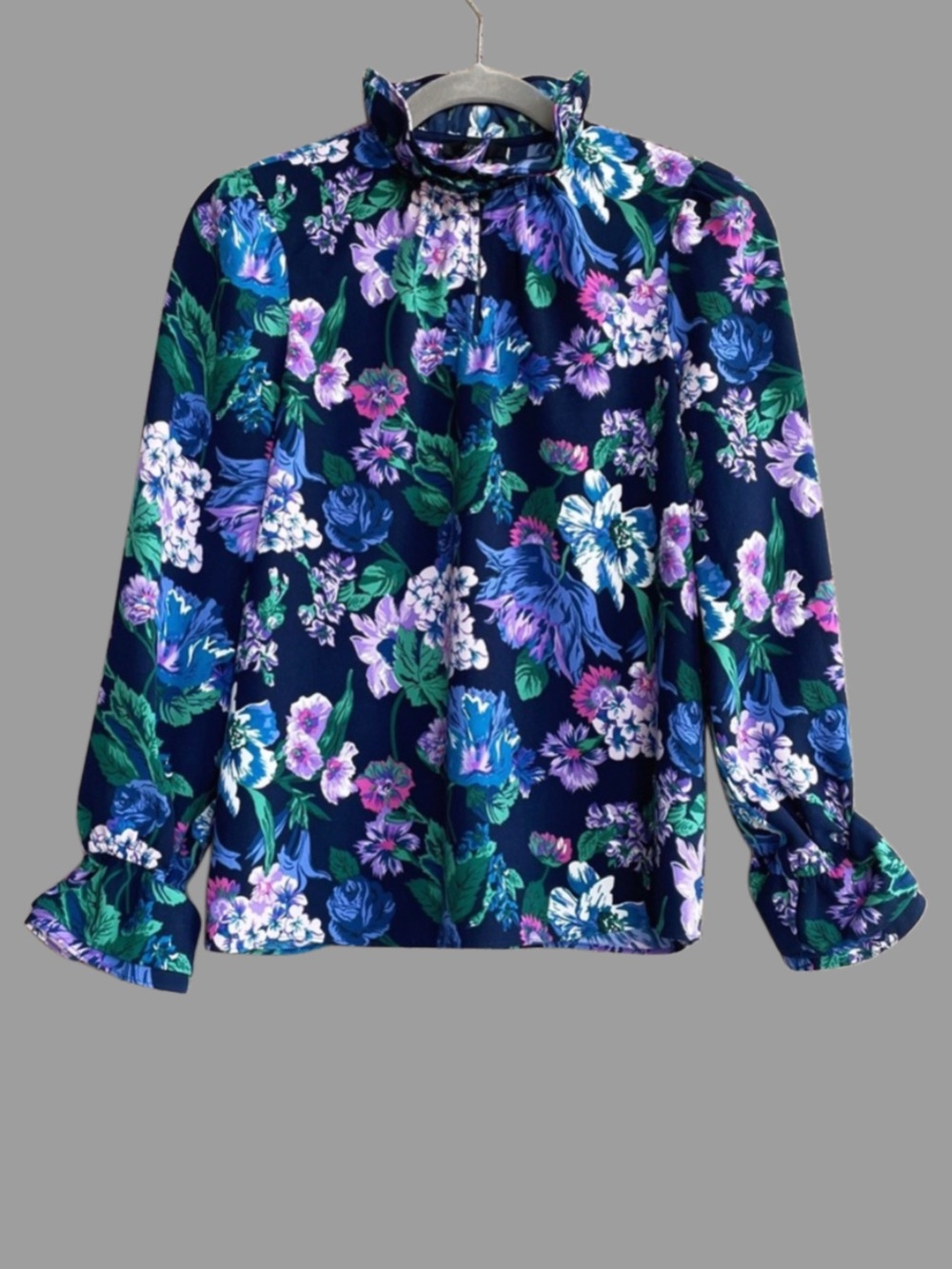 J. CREW Purple Blue Green Floral Printed Ruffle Neck Flounce Keyhole Blouse Top